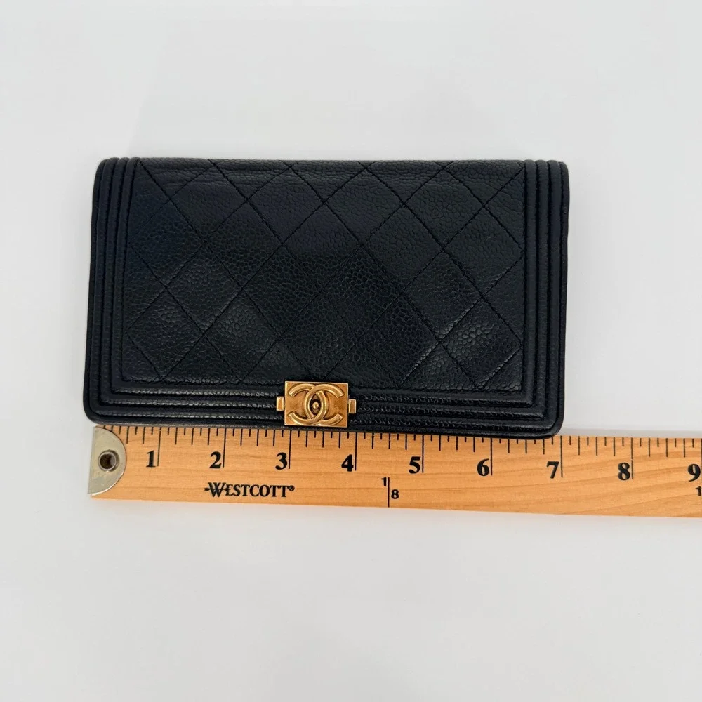 Chanel Boy Flap Wallet Black Quilted Caviar Gold Hardware Luxury Wallet on Chain